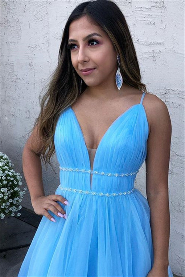 Spaghetti-Straps V-Neck Tulle Blue Prom Dress Sleeveless Long