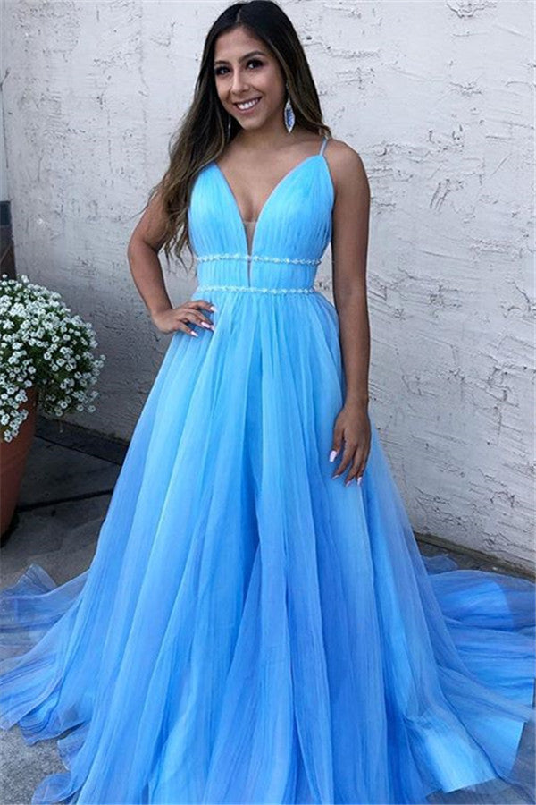 Spaghetti-Straps V-Neck Tulle Blue Prom Dress Sleeveless Long