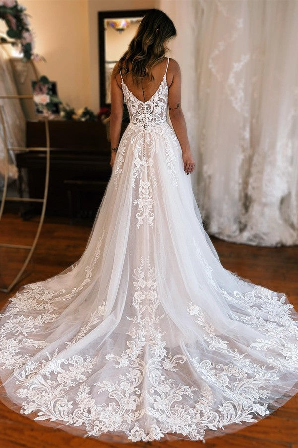 Spaghetti-Straps V-Neck Wedding Dress Split With Lace Appliques