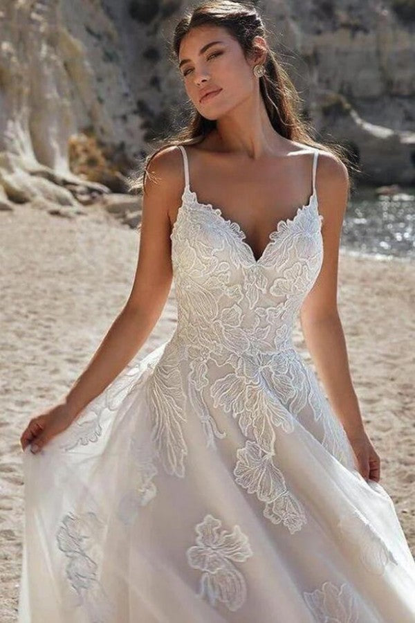 Spaghetti-Straps Wedding Dress Sleeveless V-Neck With Appliques