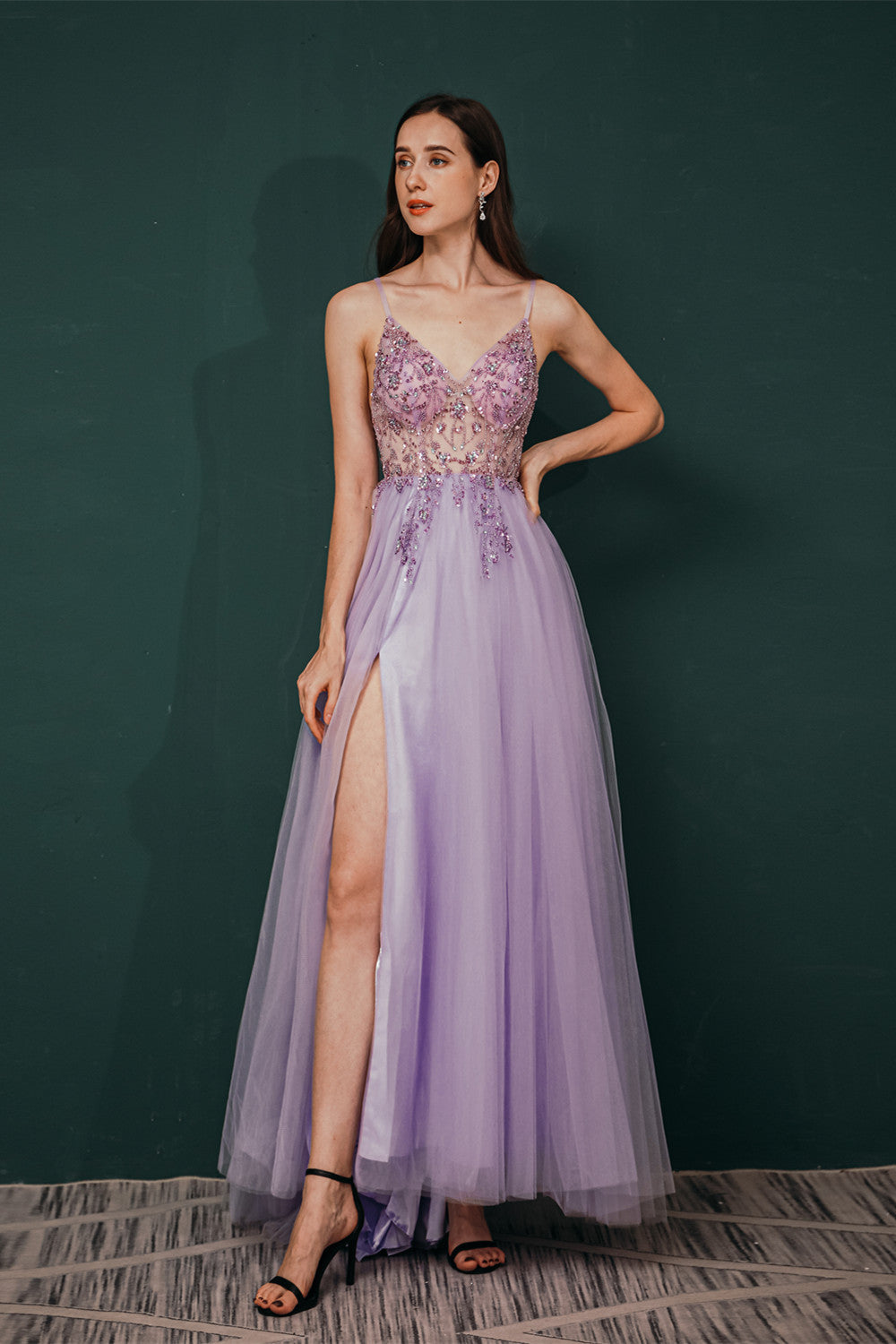 Sparkle Lilac Tulle High-split Spaghetti Strap Prom Dress