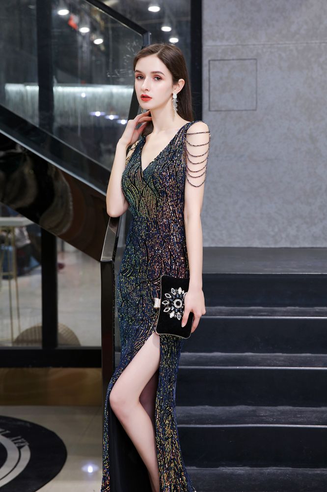 Sparkle V-neck High split Sleeveless Black Evening Dress On Sale