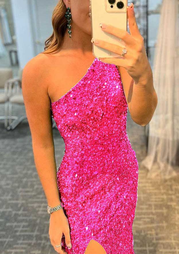 Sparkling One-Shoulder Sleeveless Allover Sequined Prom Dress/Evening Dress - Trumpet/Mermaid Split