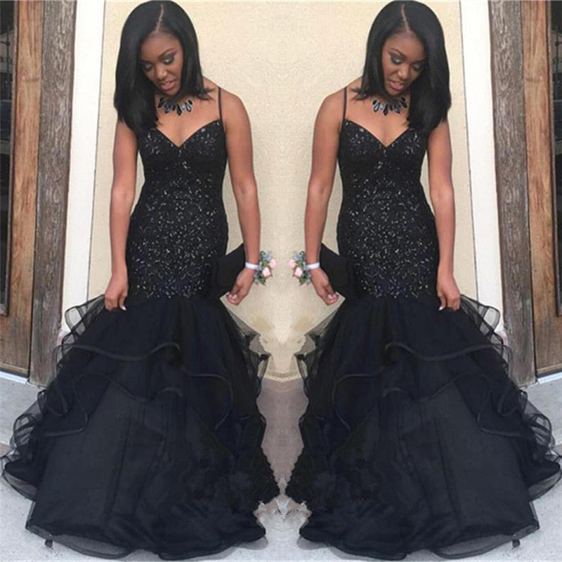 Sparkling Sequins Chic Straps Black Prom Party Gowns| Ruffled Tiered Puffy Tulle Graduation Dresses