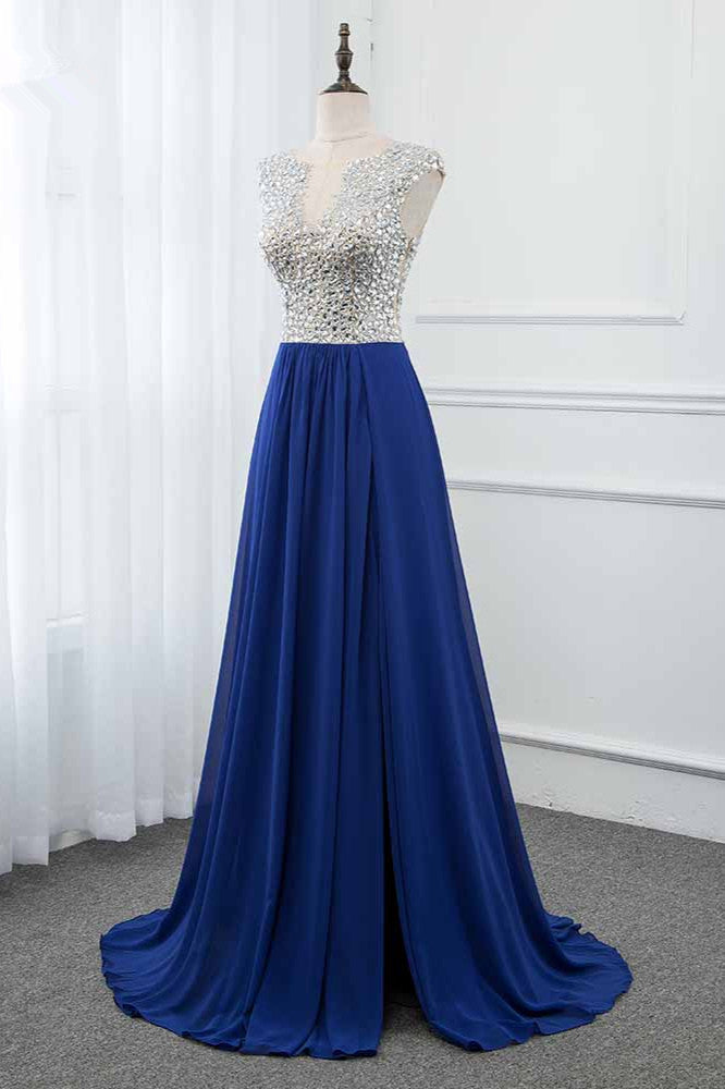 Sparkly Chffon V-Neck Front Slit Royal Blue Prom Dresses with Beading Top