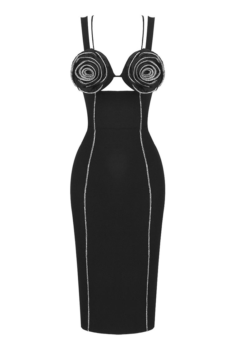 Sparkly Crystal Rosette Sleeveless Bodycon Badnage Cocktail Party Midi Dress