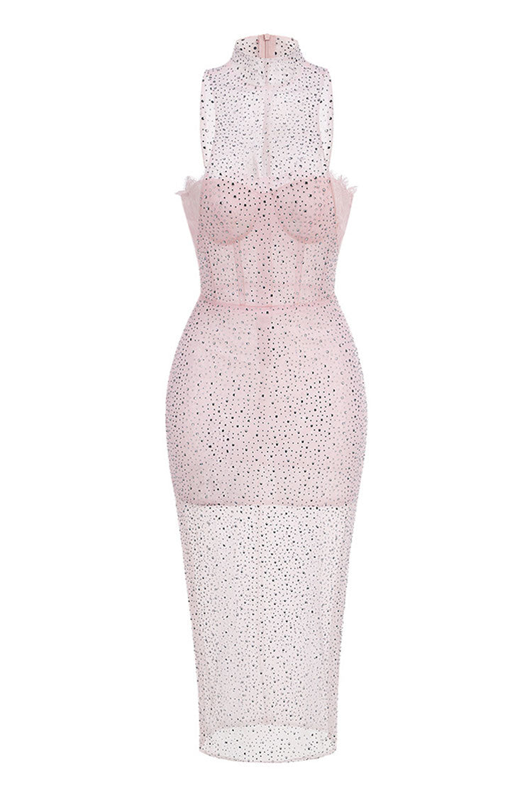 Sparkly Rhinestone Illusion Neck Lace Bra Bodycon Sheer Mesh Midi Dress