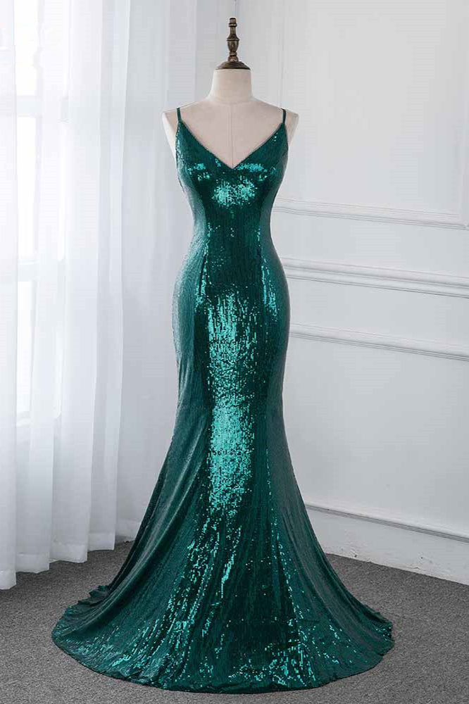 Sparkly Sequined Spaghetti Straps V-Neck Prom Dresses with Backless