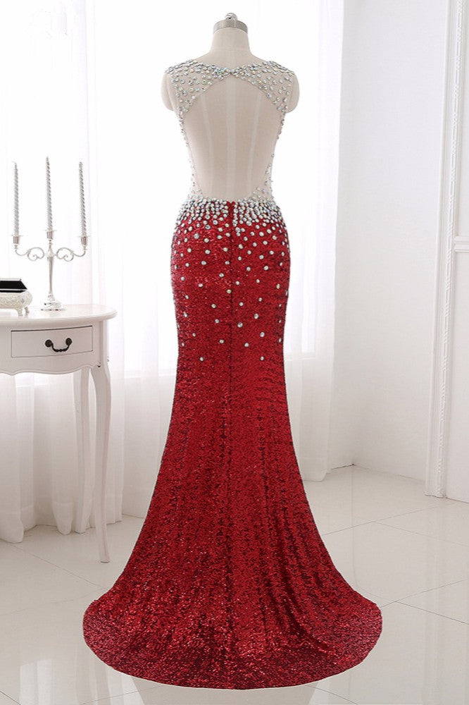 Sparkly Sequined V-Neck Burgundy Mermaid Prom Dresses with Rhinestone Top