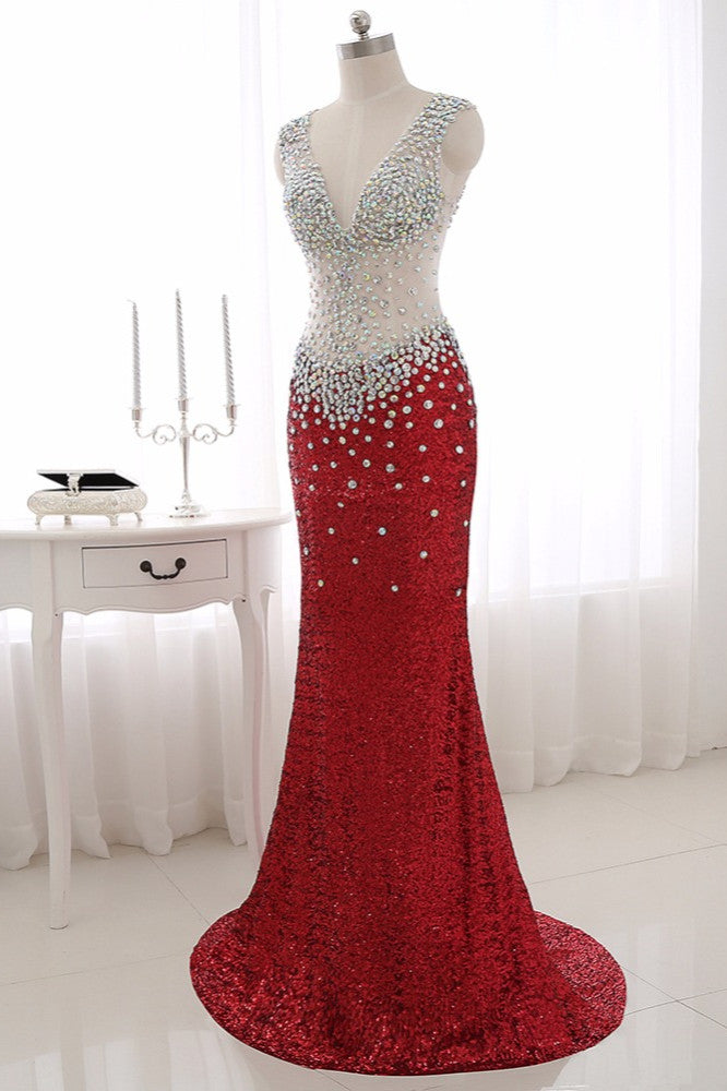 Sparkly Sequined V-Neck Burgundy Mermaid Prom Dresses with Rhinestone Top