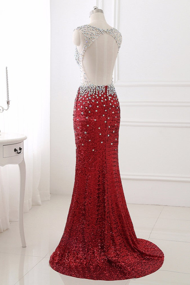 Sparkly Sequined V-Neck Burgundy Mermaid Prom Dresses with Rhinestone Top