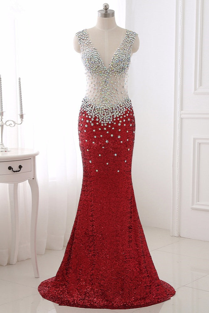 Sparkly Sequined V-Neck Burgundy Mermaid Prom Dresses with Rhinestone Top