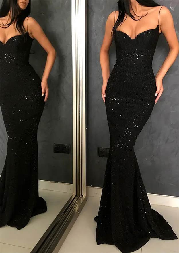 Sparkly Trumpet/Mermaid V-Neck Sleeveless Sweep Train Metallic Yarn Prom Dress/Evening Dress with Sequins