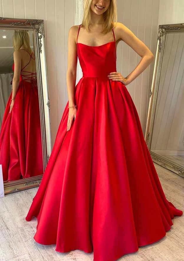 Square Neckline Ball Gown Satin Prom Dress/Evening Dress With Pleated Pockets and Sweep Train