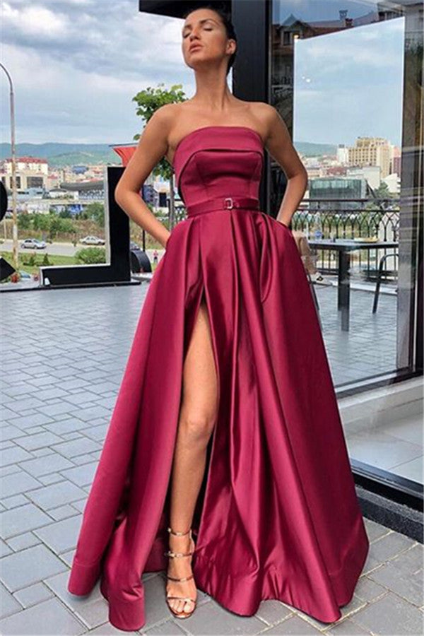 Srapless Split Long Prom Dress With Pockets