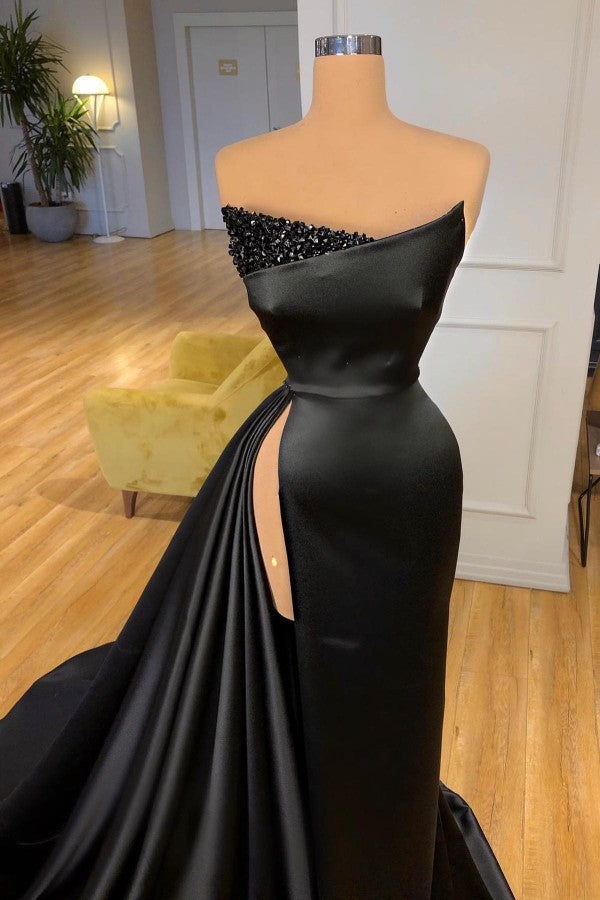 Strapless Black Prom Dress High Split With Beads