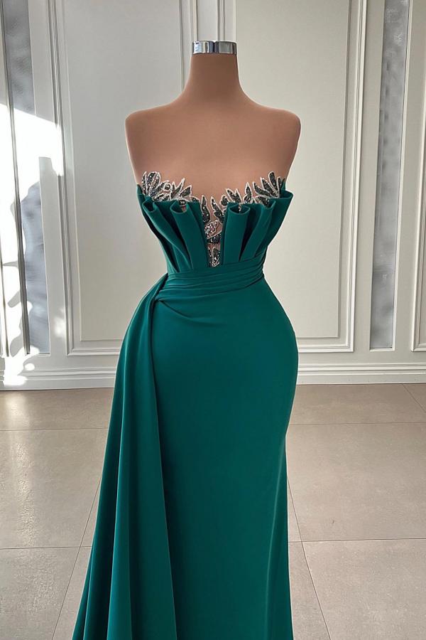 Strapless Dark Green Prom Dress Mermaid Long With Ruffle