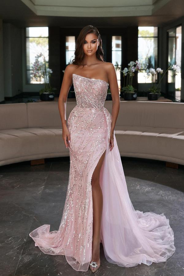 Strapless Pink Mermaid Evening Dress With Beadings Split