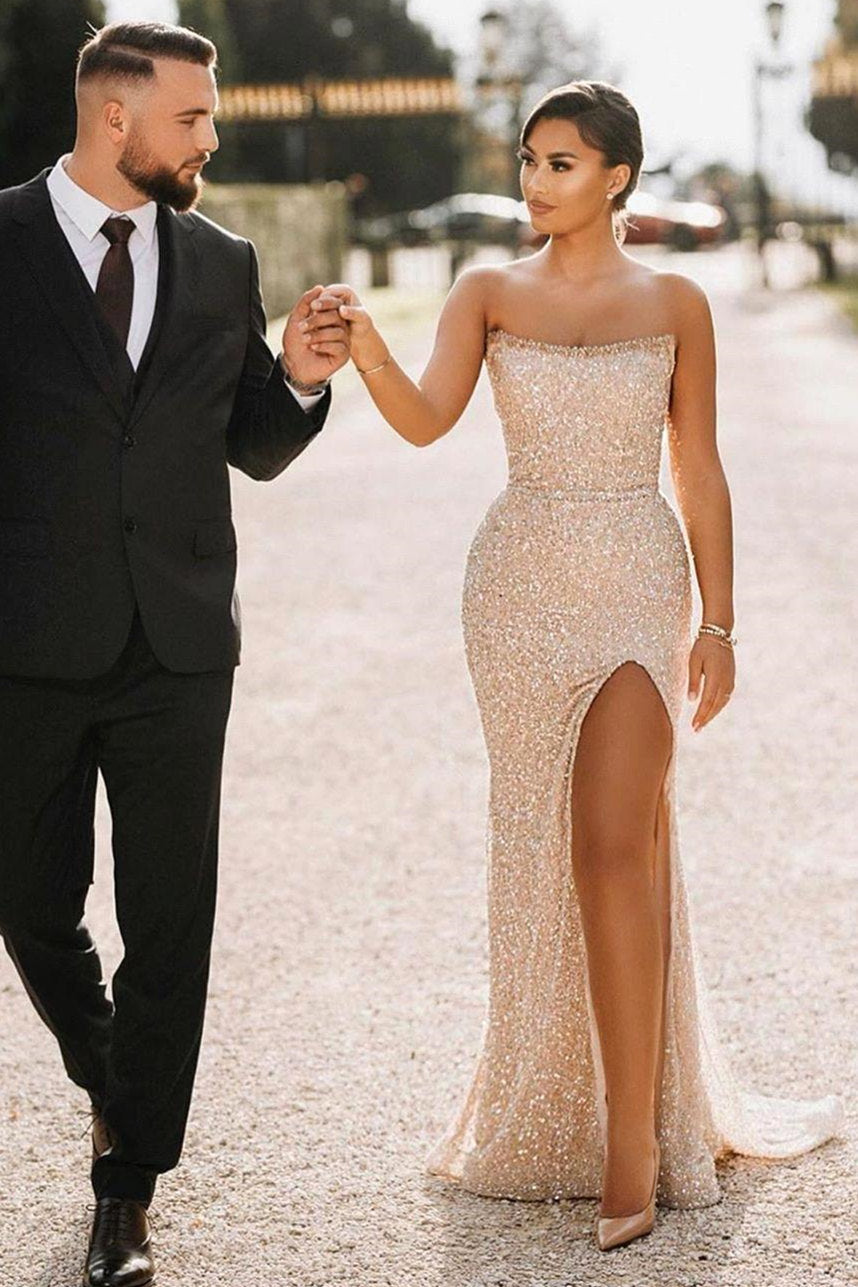 Strapless Sequins Prom Dress Mermaid Long With Slit