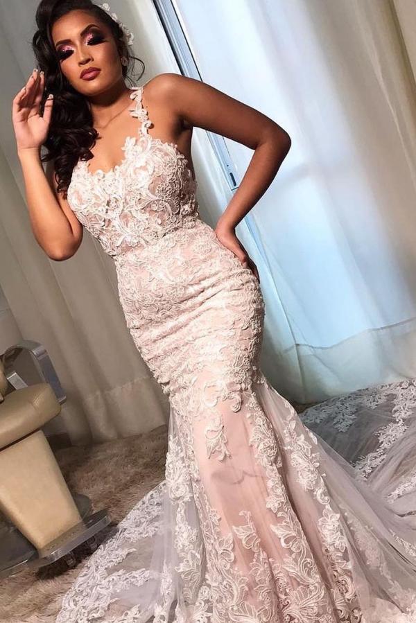 Straps Lace Appliques Wedding Dress Mermaid Long