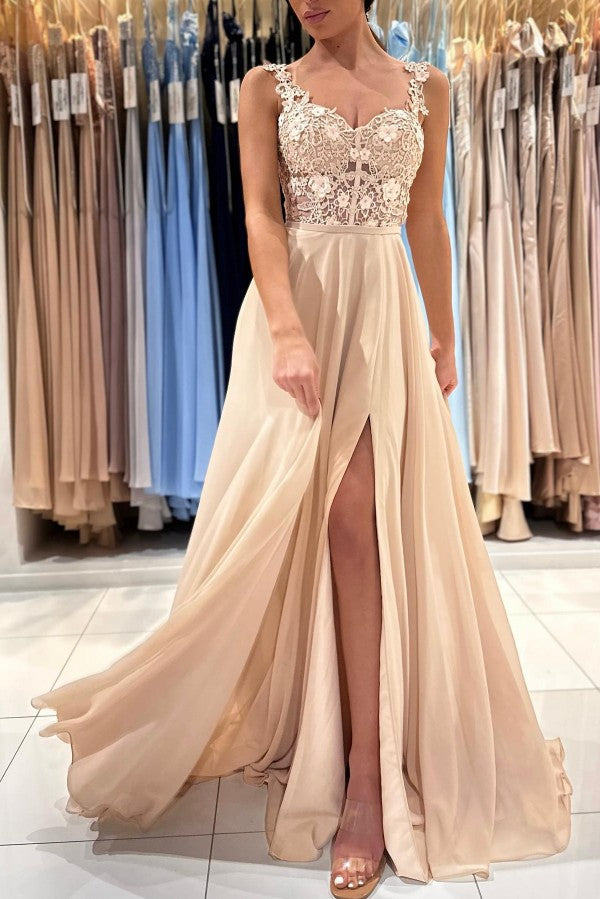 Straps Square Prom Dress Champagne Slit With Appliques