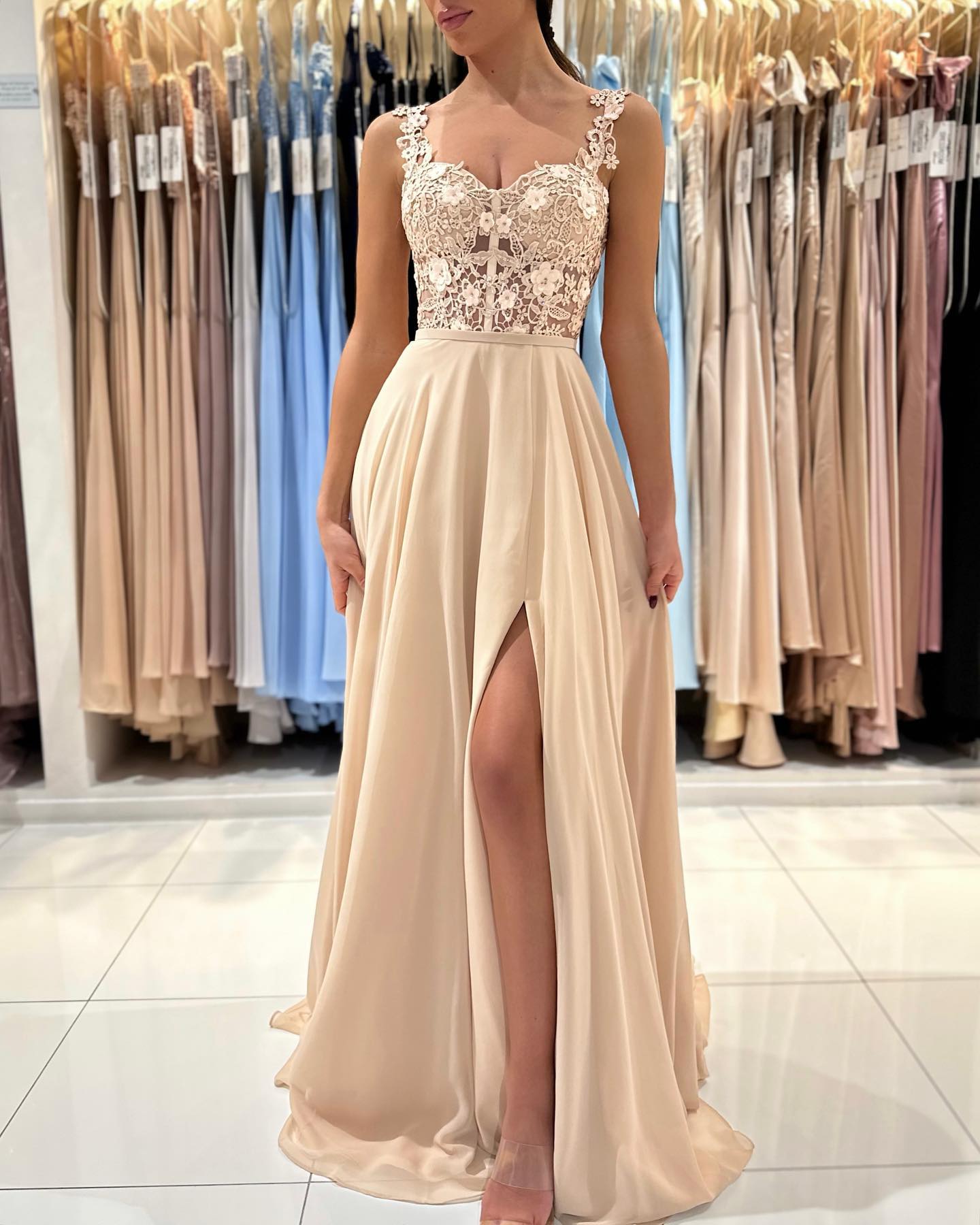 Straps Square Prom Dress Champagne Slit With Appliques