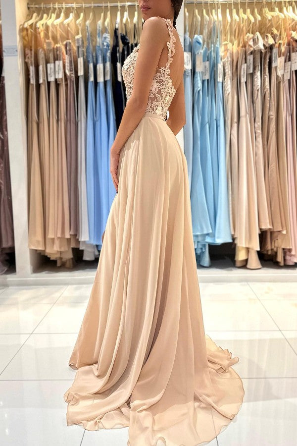 Straps Square Prom Dress Champagne Slit With Appliques