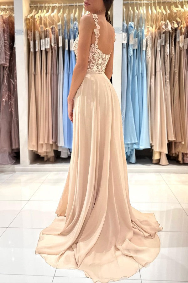 Straps Square Prom Dress Champagne Slit With Appliques