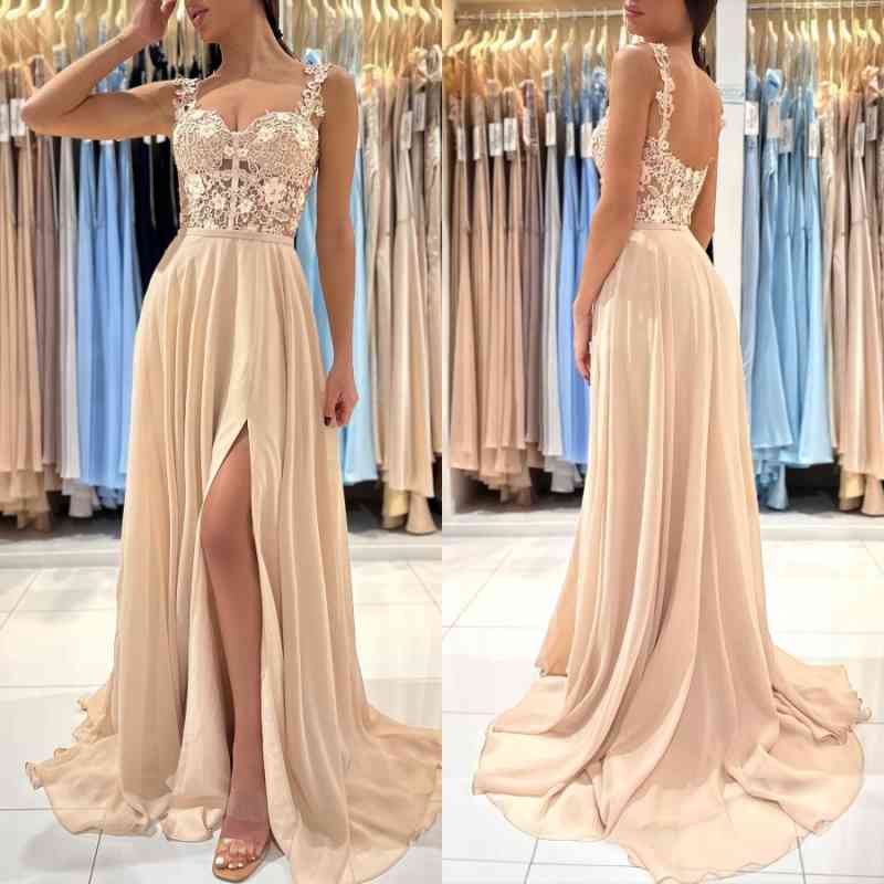 Straps Square Prom Dress Champagne Slit With Appliques