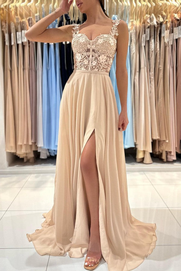 Straps Square Prom Dress Champagne Slit With Appliques