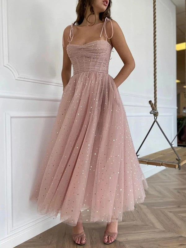 Straps Tulle Dusty Pink Prom Dress Short With Sequins