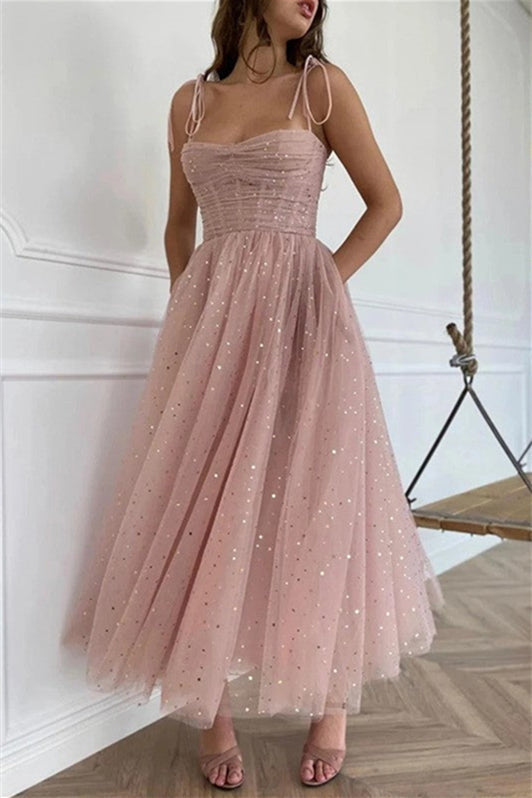 Straps Tulle Dusty Pink Prom Dress Short With Sequins