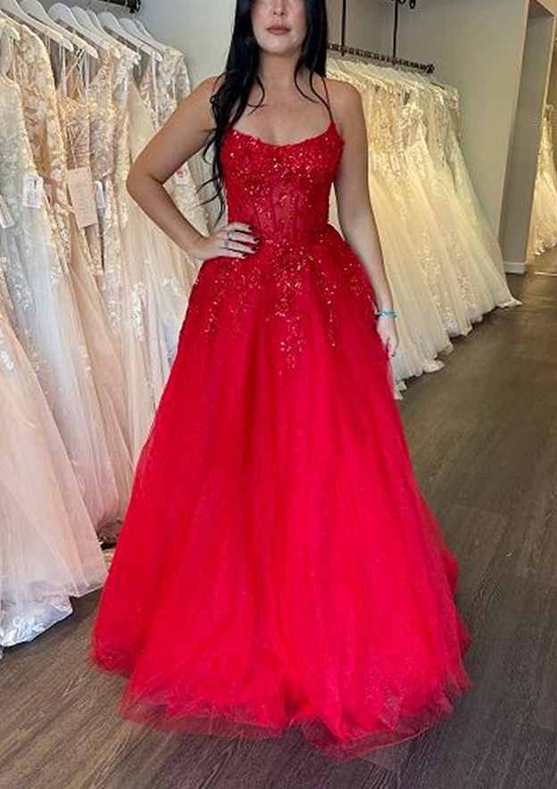 Stunning A-Line Tulle Prom Dress/Evening Dress with Appliqued Beading and Glitter