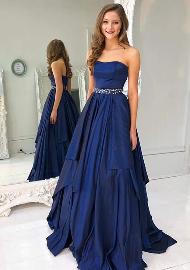 Stunning Charmeuse Prom Dress/Evening Dress with Beading and A-Line Strapless Sweep Train