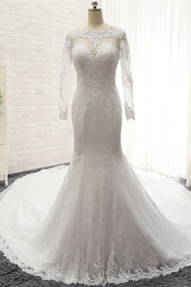 Stunning Jewel Long Sleeves Tulle Lace Wedding Dress Mermaid Jewel Appliques Bridal Gowns On Sale