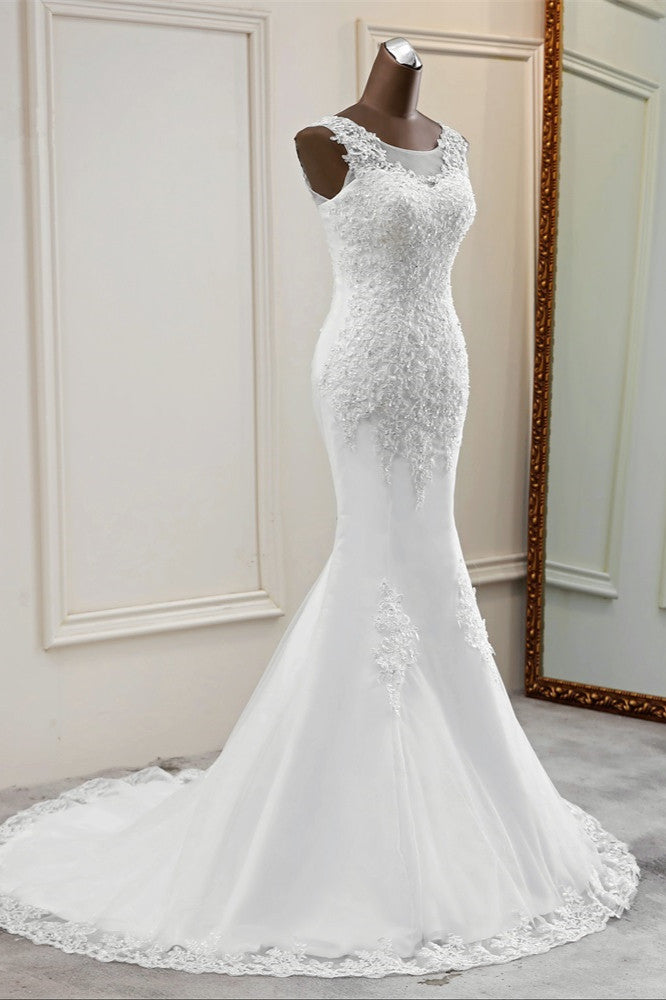 Stunning Jewel Sleeveless White Wedding Dresses White Mermaid Beadings Bridal Gowns