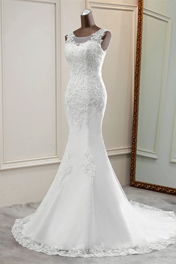 Stunning Jewel Sleeveless White Wedding Dresses White Mermaid Beadings Bridal Gowns