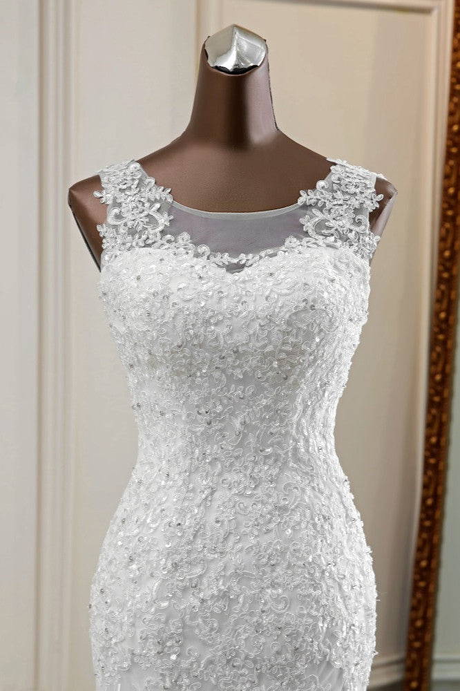 Stunning Jewel Sleeveless White Wedding Dresses White Mermaid Beadings Bridal Gowns