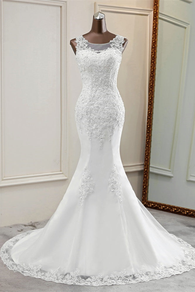 Stunning Jewel Sleeveless White Wedding Dresses White Mermaid Beadings Bridal Gowns