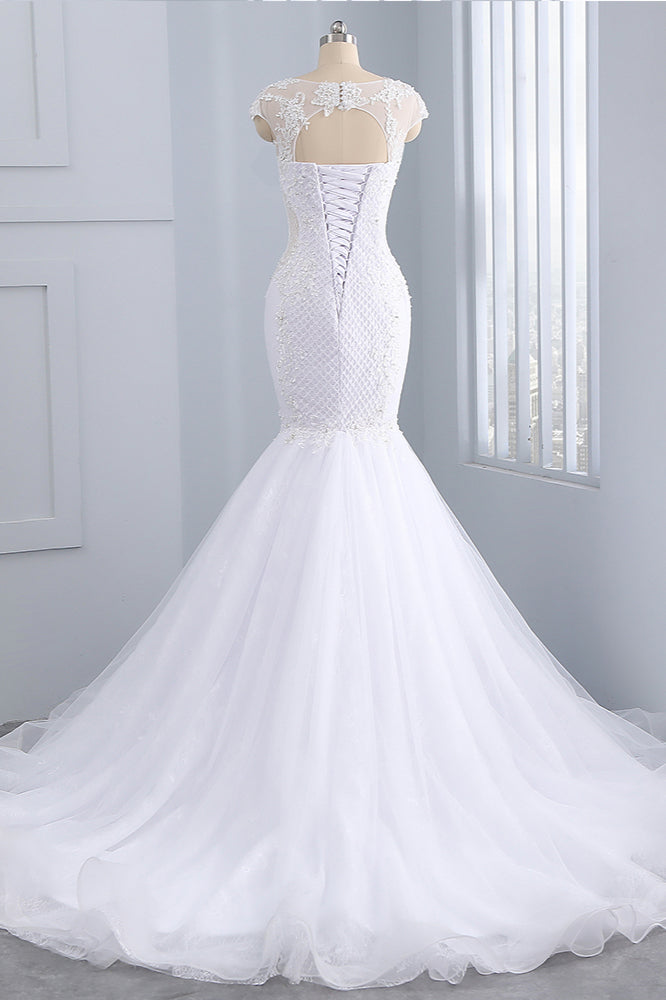 Stunning Jewel Tulle Lace Mermaid Wedding Dress Sleeveless Appliques Bridal Gowns On Sale