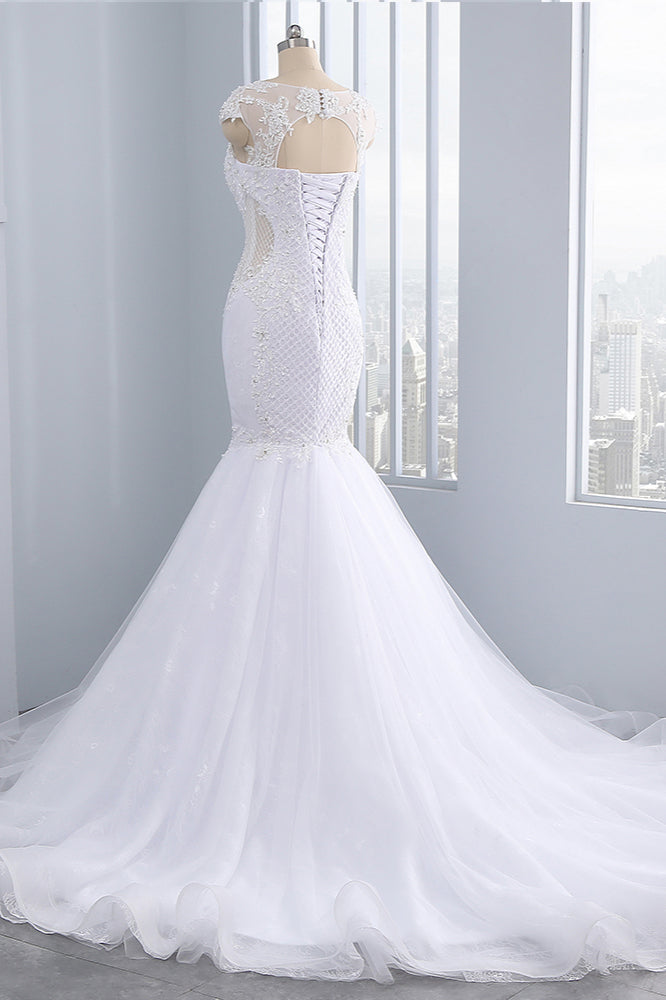 Stunning Jewel Tulle Lace Mermaid Wedding Dress Sleeveless Appliques Bridal Gowns On Sale