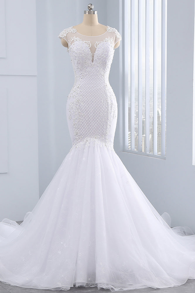 Stunning Jewel Tulle Lace Mermaid Wedding Dress Sleeveless Appliques Bridal Gowns On Sale