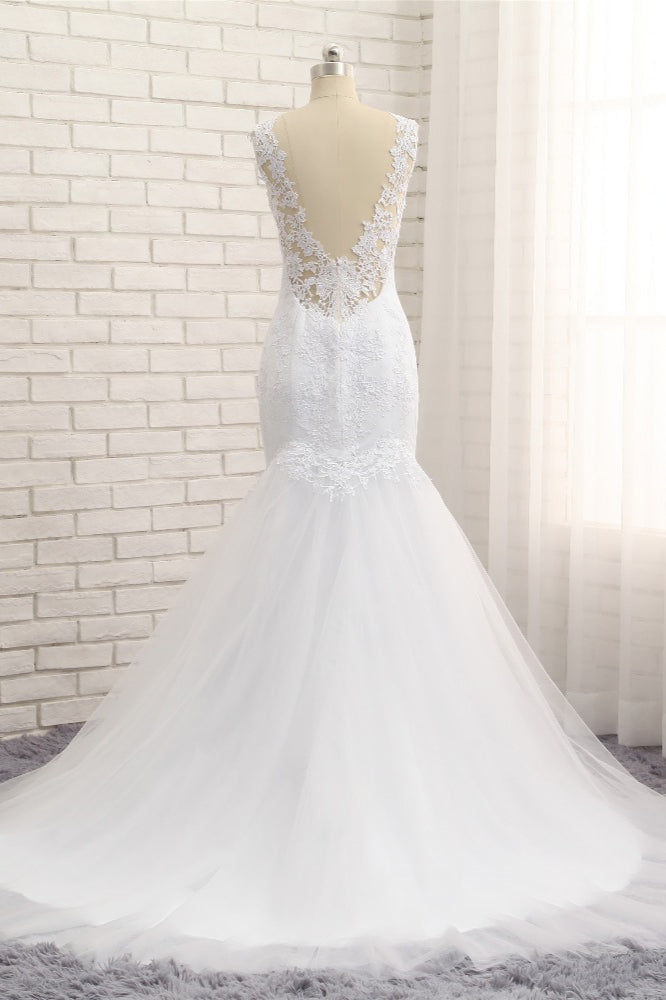 Stunning Jewel White Tulle Lace Wedding Dress Appliques Sleeveless Bridal Gowns On Sale