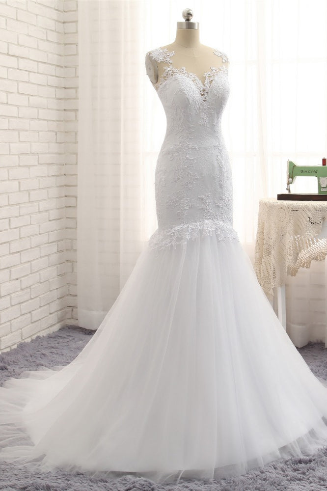 Stunning Jewel White Tulle Lace Wedding Dress Appliques Sleeveless Bridal Gowns On Sale