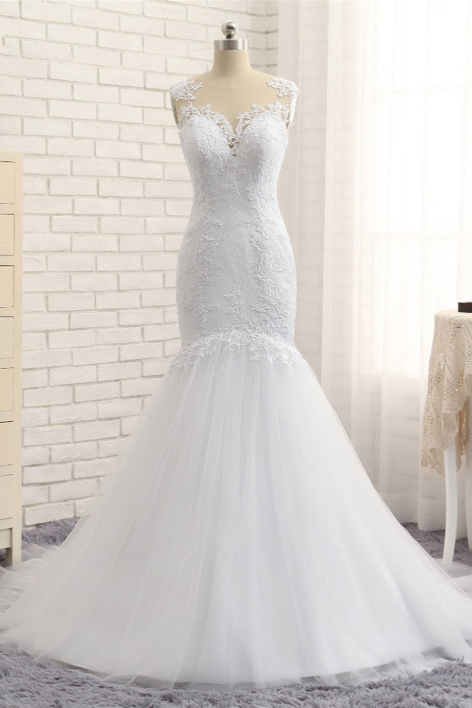 Stunning Jewel White Tulle Lace Wedding Dress Appliques Sleeveless Bridal Gowns On Sale