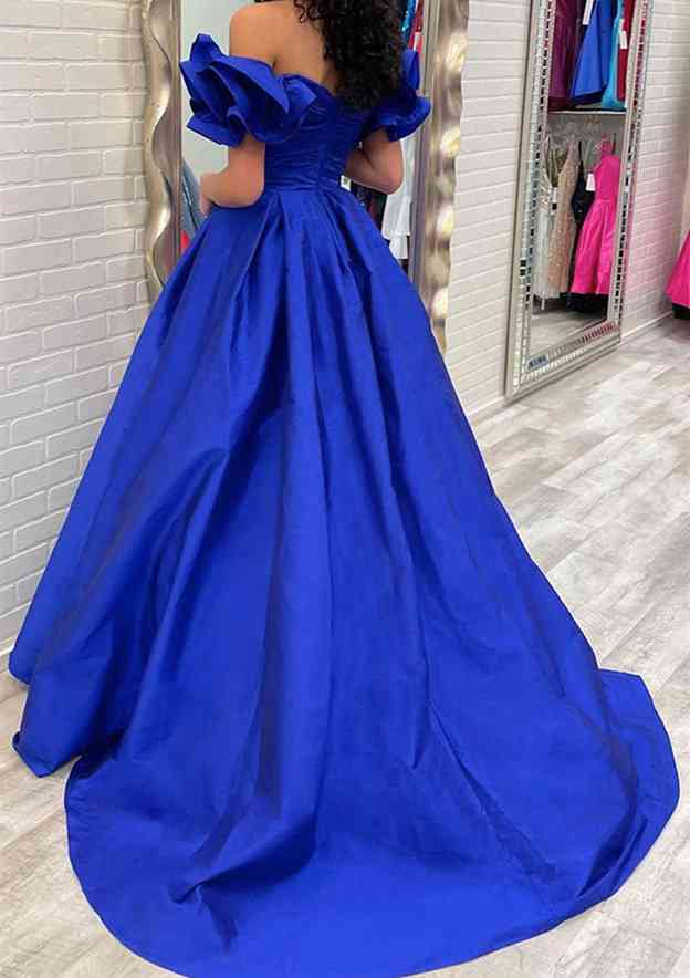 Stunning Off-the-Shoulder Short Sleeve Taffeta Ball Gown with Pleated Ruffles and Sweep Train Prom Dress/Evening Dress