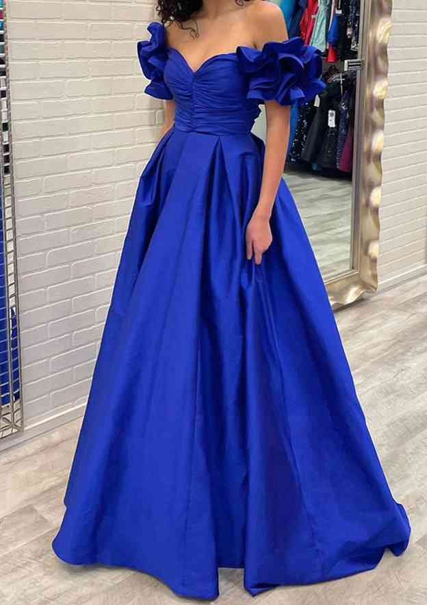 Stunning Off-the-Shoulder Short Sleeve Taffeta Ball Gown with Pleated Ruffles and Sweep Train Prom Dress/Evening Dress