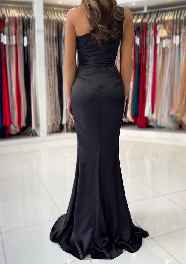 Stunning One-Shoulder Long Prom Dress/Evening Dress with Split Pleated Sheath/Column Silky Satin Skirt