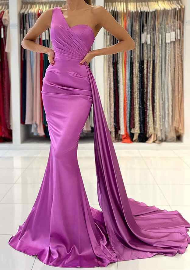 Stunning Trumpet/Mermaid One-Shoulder Sleeveless Satin Prom Dress/Evening Dress With Pleated Sweep Train