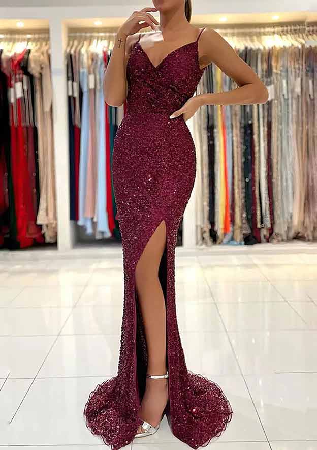 Stunning Trumpet/Mermaid V-Neck Sleeveless Prom Dress/Evening Dress With Split